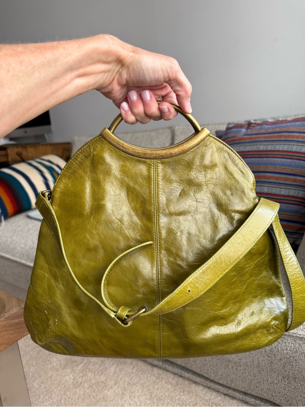 HOBO Olive Green Leather Bag with Brass Top Handle - Picture 5 of 14